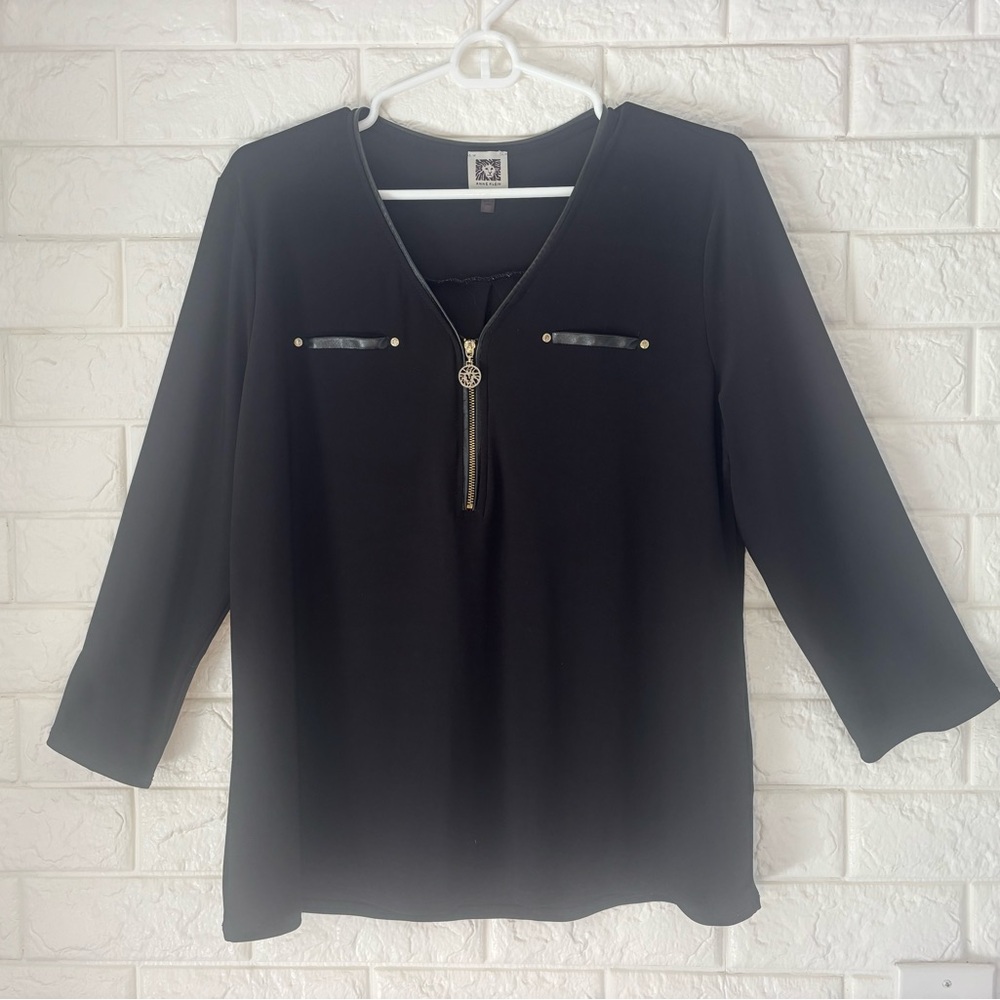 Anne Klein Women's Top Large Black W/Gold Accents 1/4 Zip